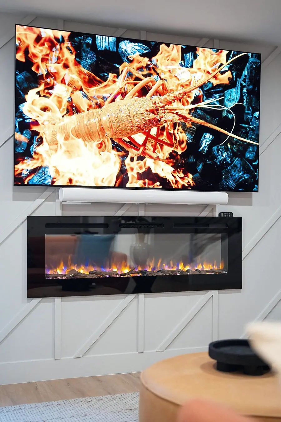 6468 S Brookstone media wall with television, soundbar, and linear fireplace