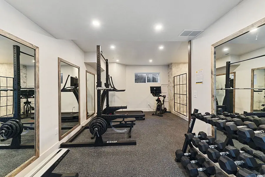 Matterhorn Hygge House home gym with squat rack, dumbbell rack, treadmill, and wall mirrors